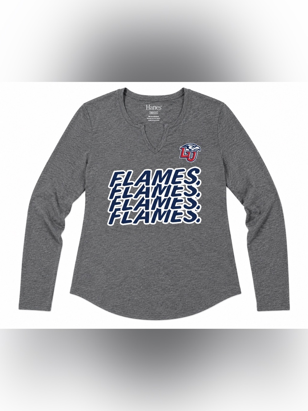 Hanes Gray Long Sleeve Tee with Liberty University Flames Design